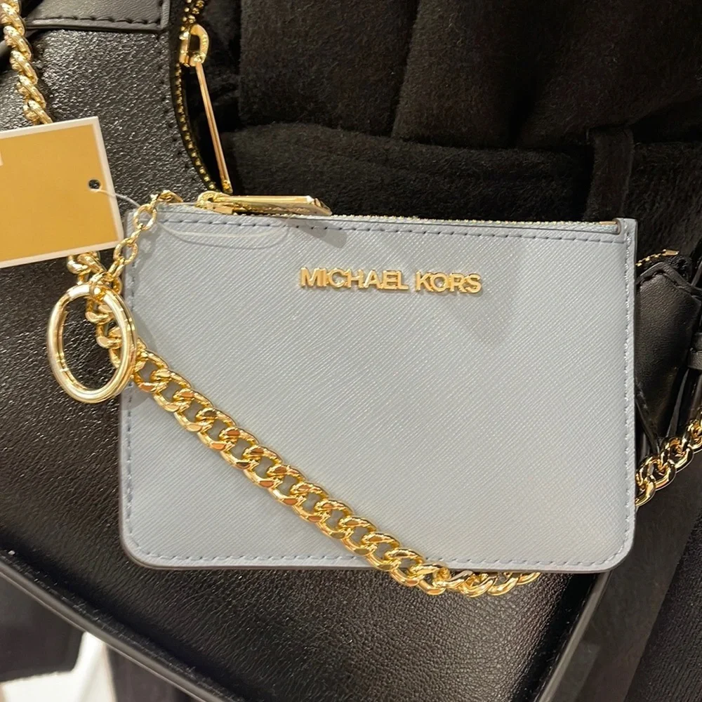 MICHAEL KORS SMALL TOP ZIP COINPOUCH WITH ID CARD CASE WALLET PALE BLUE NWT